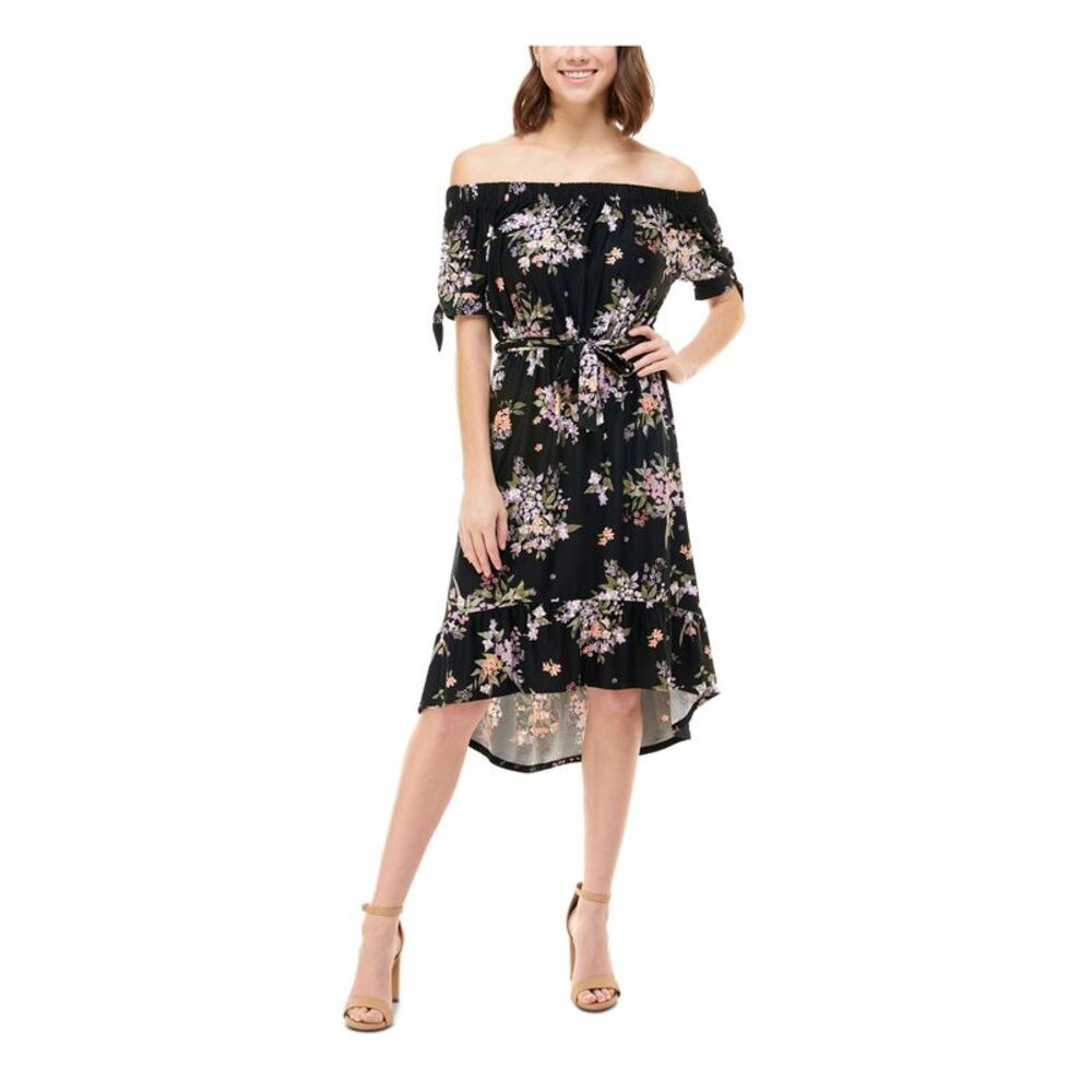 PLANET GOLD Womens Hi-Lo Dress Black Belted Tie Short Sleeve Juniors S